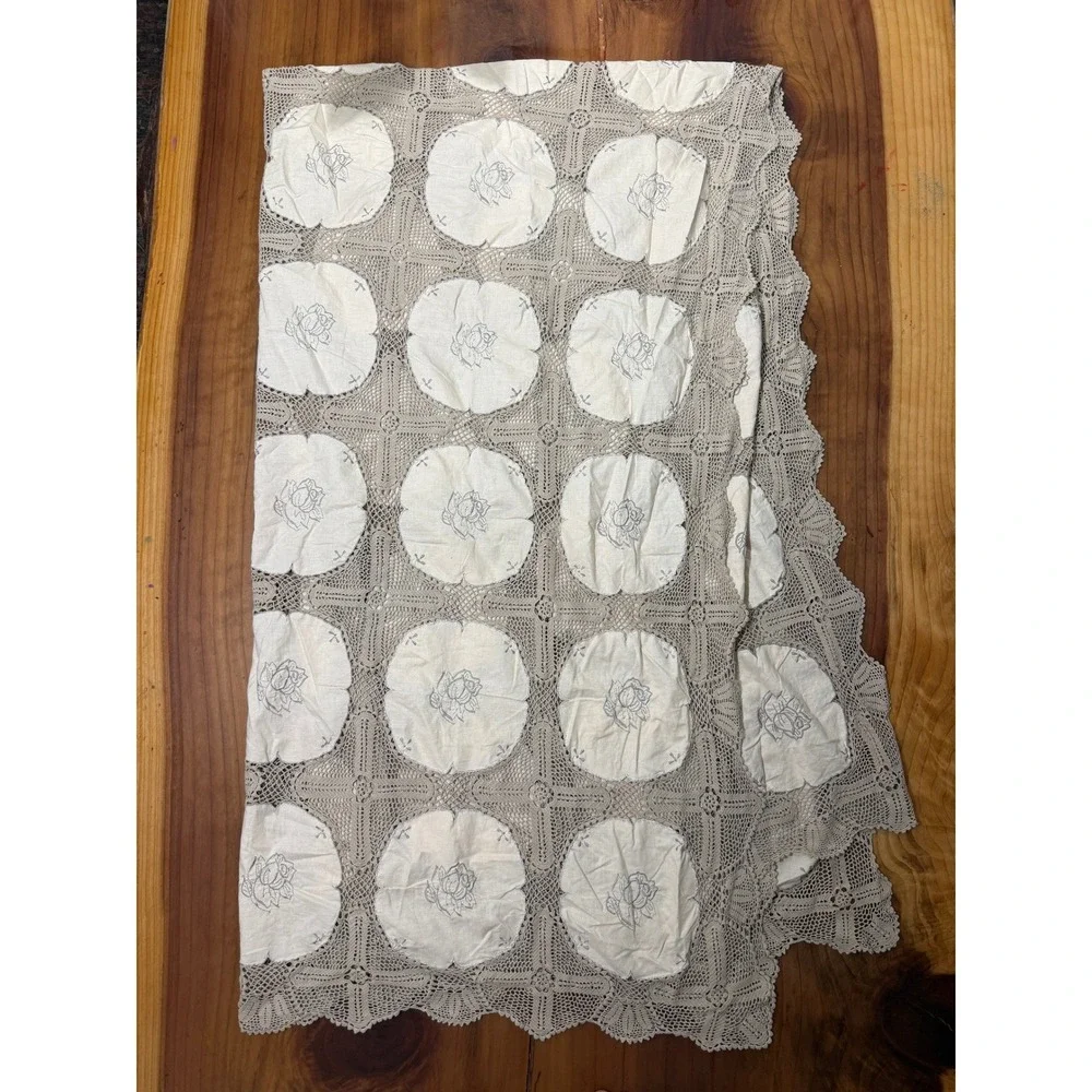 Vintage Antique Tablecloth Cotton Madeira With filet & Crochet lace LINEN E3-5